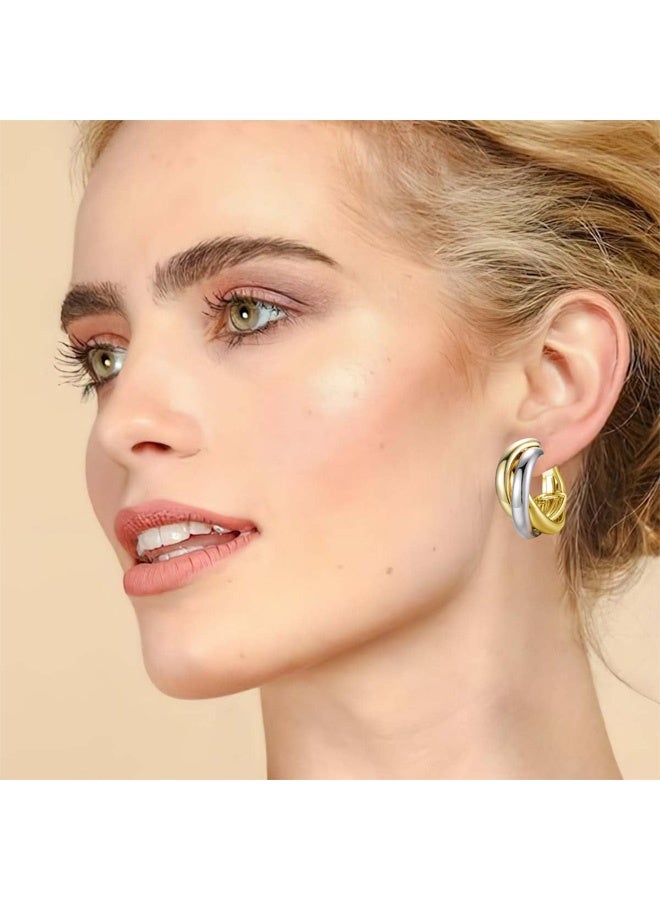 Silver and Gold Triple Hoops Earrings for Women, Twist Braided Trendy Two Tone Hoop Chunky Gold Fashion Earrings Gift - Image 3