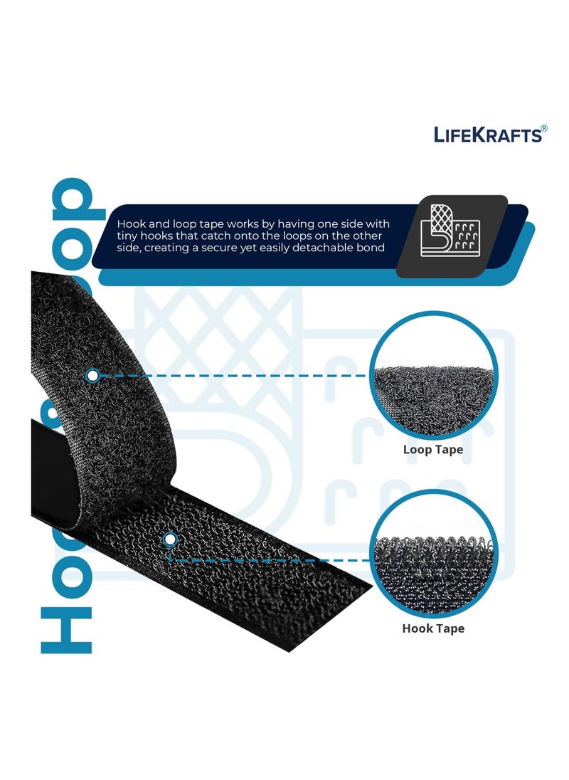 Lifekrafts - Lifekrafts Self Adhesive Hook Tape & Self Adhesive Loop Tape for Stationary, Pictures, Tools, Household Purposes, Schools and Office (5M*25mm Hook & Loop Tape, Black Color) - Image 1