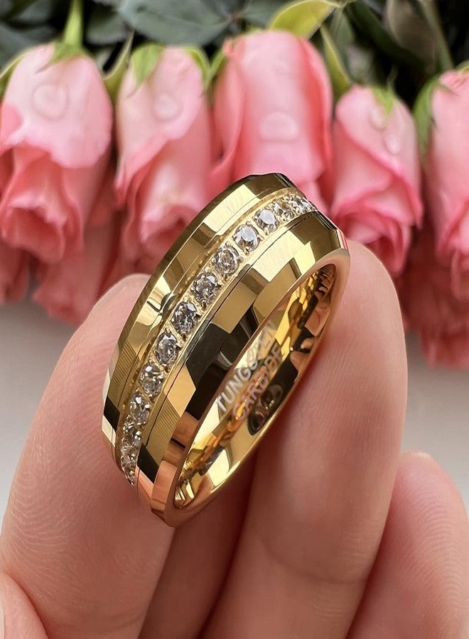 TUTISS 8mm Silver/Black/Gold Tungsten Rings for Men Women Couple Eternity Anniversary Engagement Wedding Bands Fashion Jewelry CZ Stone Inlay Beveled Polished Shiny Comfort Fit, 10.5 mm, Metal, No - Image 4