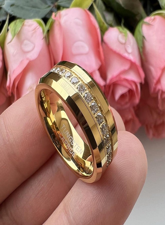 TUTISS 8mm Silver/Black/Gold Tungsten Rings for Men Women Couple Eternity Anniversary Engagement Wedding Bands Fashion Jewelry CZ Stone Inlay Beveled Polished Shiny Comfort Fit, 10.5 mm, Metal, No - Image 2