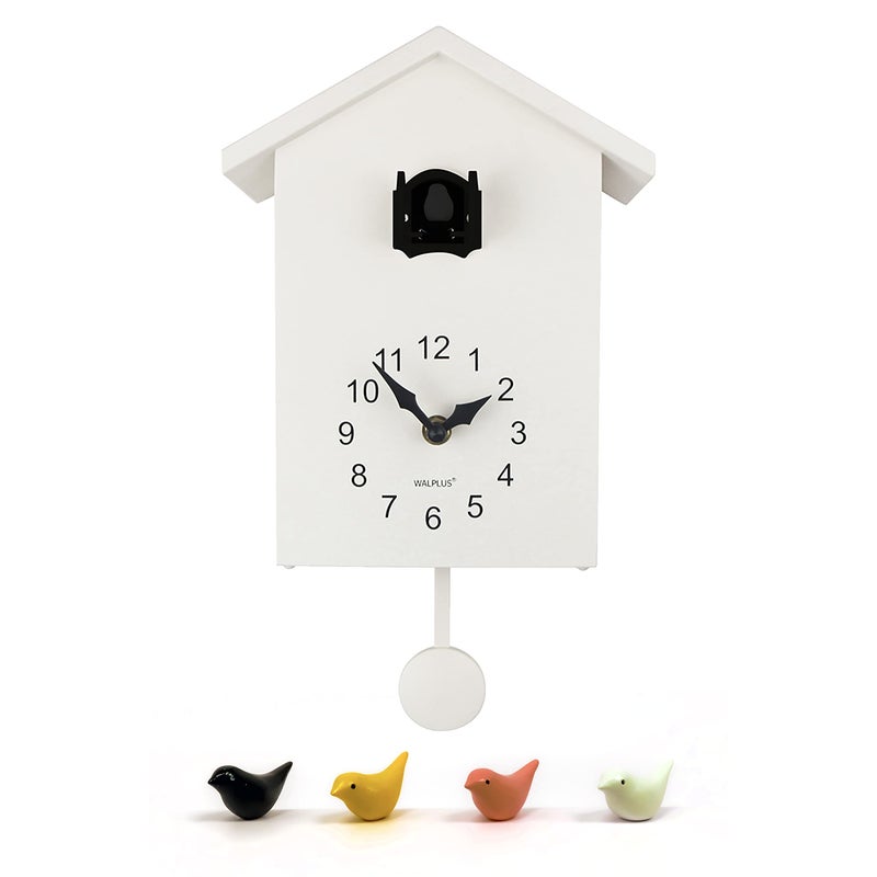 WALPLUS Minimalist Cuckoo Clock with Removable Pendulum  Modern Birdhouse Design with Soft Chimer Cuckoo Sound Battery Operated Wall Clock for Home Dcor  White Cuckoo Clock Black Window