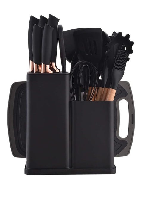 19-Piece Kitchen Utensils Set: 11 Silicone Cooking Tools, 6 Stainless Steel Knives, Cutting Board & Utensil Holder, Complete Cooking Solution for Home Chefs, Heat Resistant & Durable (Black)