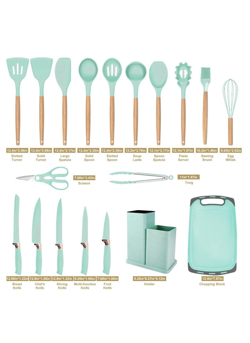 19-Piece Kitchen Utensils Set: 11 Silicone Cooking Tools, 6 Stainless Steel Knives, Cutting Board & Utensil Holder, Complete Cooking Solution for Home Chefs, Heat Resistant & Durable (Black)