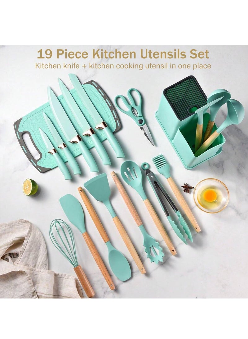 19-Piece Kitchen Utensils Set: 11 Silicone Cooking Tools, 6 Stainless Steel Knives, Cutting Board & Utensil Holder, Complete Cooking Solution for Home Chefs, Heat Resistant & Durable (Black)