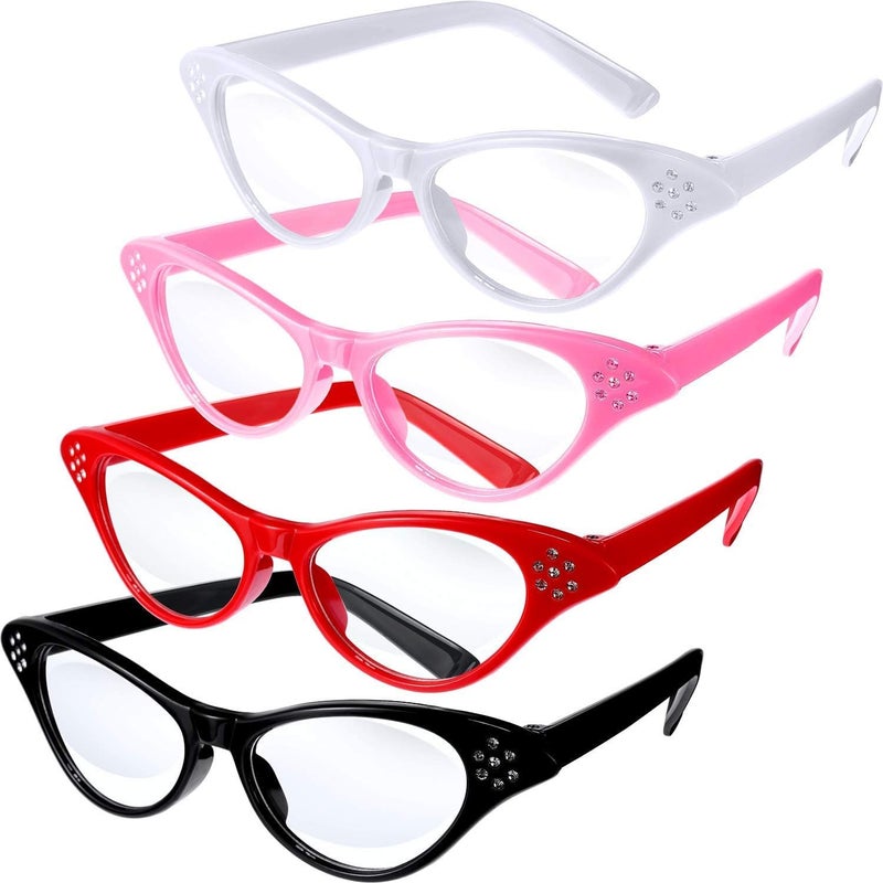 Jovitec 4 Pieces Cat Eye Glasses Rhinestones Retro 50S 60S Old Lady Valentines Party Costume Glasses For Hip Hop Dress Up Party Favorred Black White Pink - Image 4