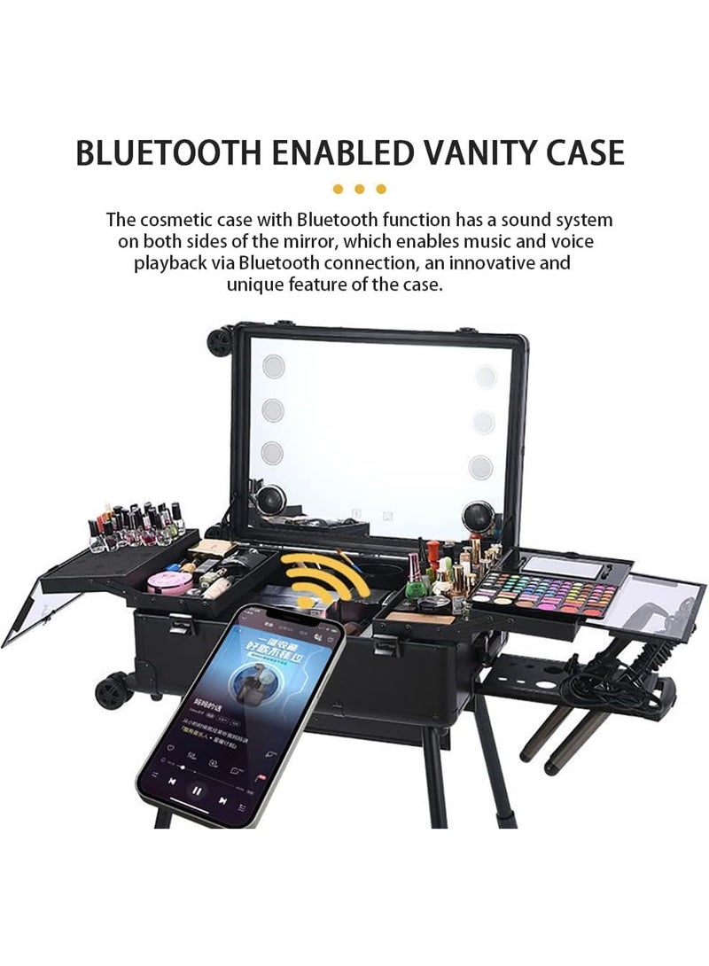 حقيبة حامل أدوات المكياج، حقيبة أدوات التجميل بعجلات، حقيبة مكياج قابلة للفصل بأربع عجلات مع 6 مصابيح ليد قابلة للتعديل ومرآة وأرجل لعربة صالون الفنان (إضاءة ليد سوداء) - Image 3