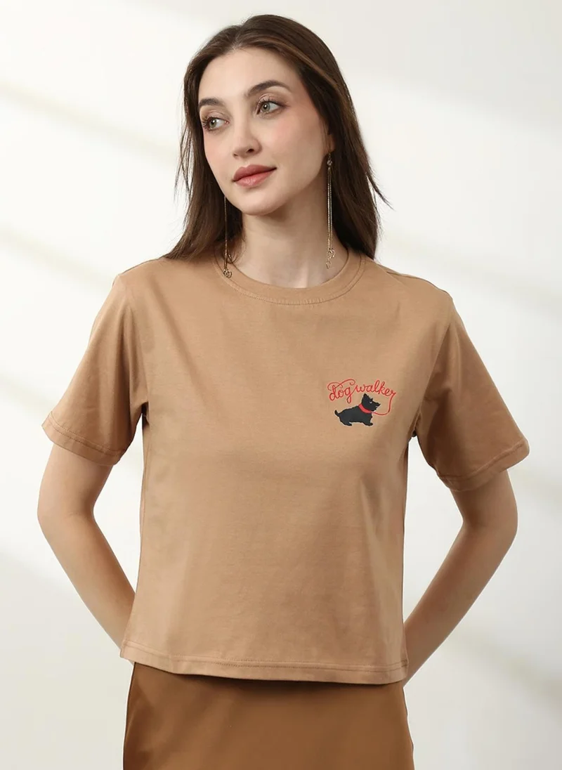 جلو باص Globus Women Beige Round Neck Short Sleeves Graphic Print Crop T-Shirt