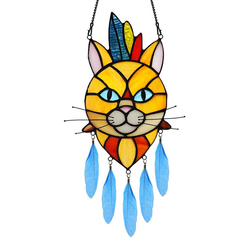 BOXCASA Orange Cat Decor Stained Glass Window Hangings Cat Suncatcher for Window Indian Feathers Decoration Funny Cat Decor Gifts for Cat Lovers Cat Themed Gifts for Women - Image 1