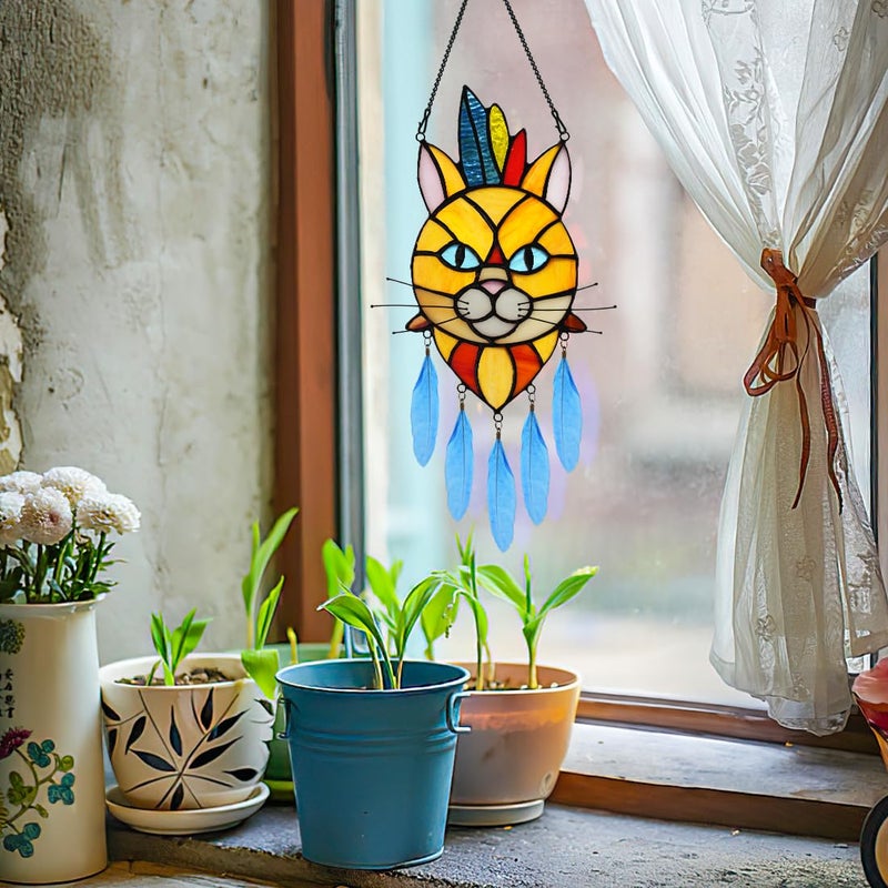 BOXCASA Orange Cat Decor Stained Glass Window Hangings Cat Suncatcher for Window Indian Feathers Decoration Funny Cat Decor Gifts for Cat Lovers Cat Themed Gifts for Women - Image 5