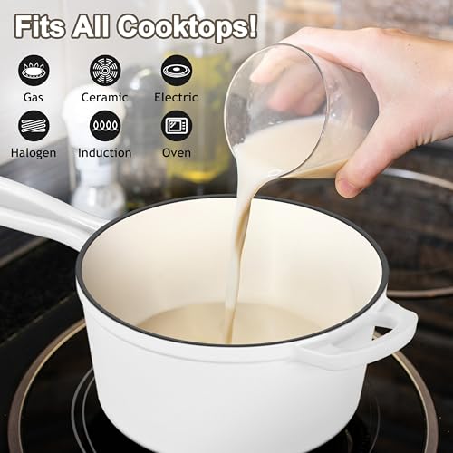 Leonyo Enameled Cast Iron Sauce Pan with Lid, Leonyo 1 Quart Saucepan with Lid, Heavy Duty Cast Iron Pot Kitchen Cookware for All Cooktops Cooking Pasta Sauce, Soup, Milk - Up to 500°F & 4.4Lbs, White - Image 5