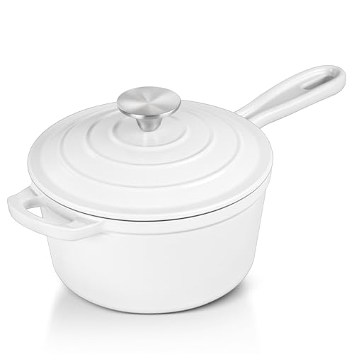 Leonyo Enameled Cast Iron Sauce Pan with Lid, Leonyo 1 Quart Saucepan with Lid, Heavy Duty Cast Iron Pot Kitchen Cookware for All Cooktops Cooking Pasta Sauce, Soup, Milk - Up to 500°F & 4.4Lbs, White - Image 1