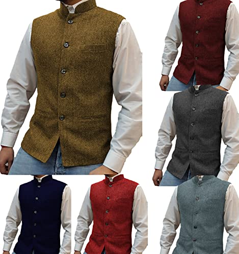 Tuikayoo Mens Herringbone Wool Vests Suit Business Tweed High Collar Waistcoats Slim Fit(Large, Brown) - Image 4