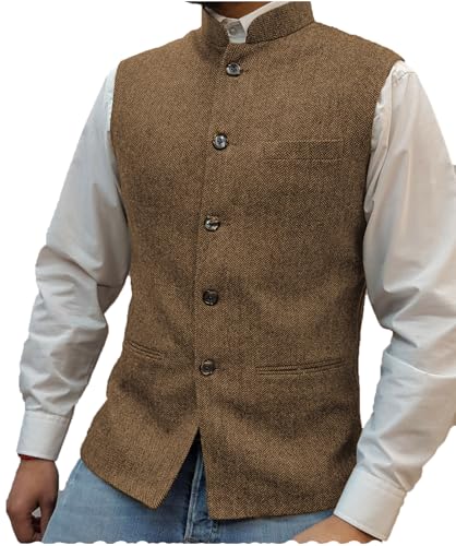 Tuikayoo Mens Herringbone Wool Vests Suit Business Tweed High Collar Waistcoats Slim Fit(Large, Brown) - Image 1