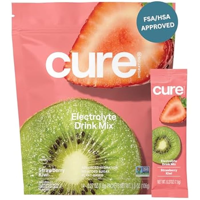 Cure Hydration | Plant-Based Electrolyte Drink Mix | No Added Sugar | FSA-HSA | Dehydration Relief Powder Made with Coconut Water | Non-GMO | Vegan | Pouch of 14 Packets - Strawberry Kiwi - Image 1