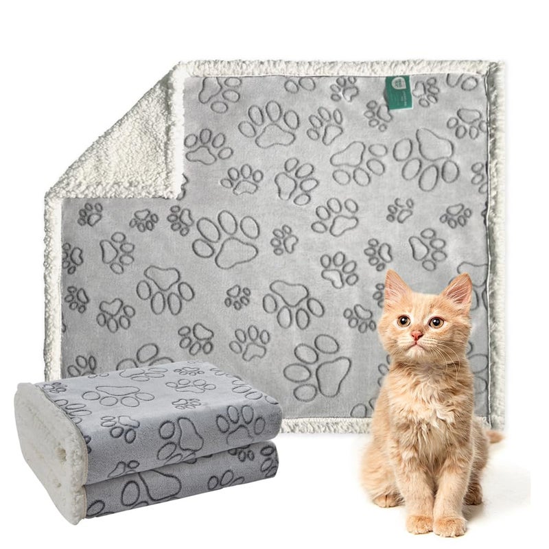 Qeils Dog Cat Blankets Waterproof Washable Sherpa Plus Plush Reversible 25X30 Grey Paw Print