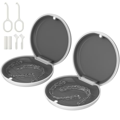 HEMILAB 2 Pack Slim Retainer Case Compatible With Invisalign, Mouth Guard, Orthodontic Aligner - With Removal Tool and Brush, White - Image 1