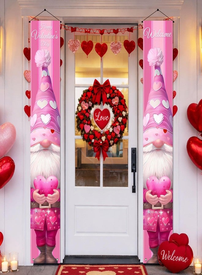 BlissYard Happy Valentine Day Porch Sign Banner Gnome Valentine Day Supplies Pink Door Hanging Banner for Valentine Day Anniversary Wedding Holiday Decoration Home Outdoor Decor 71x12 - Image 2
