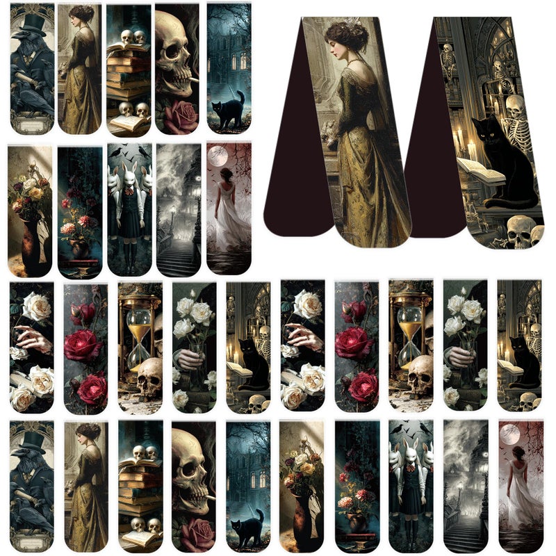 MENIFEND 30 Pcs Dark Academia Magnetic Bookmarks, Aesthetic Gothic Witchy Book Marks for Women, Halloween Magnet Book Marker Clips for Book Lovers, Dark Romance Merch Bookish Gifts - Image 1