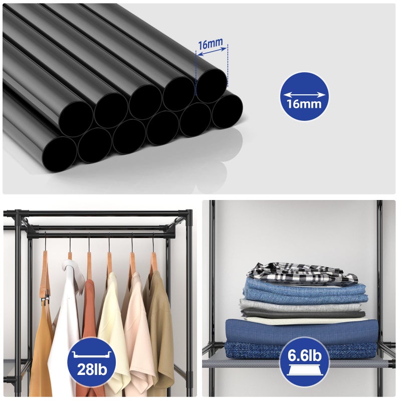 HODYANN Portable Closet, Wardrobe Closet with 6 Storage Shelves and 2 Hanging Rods, Non-Woven Fabric Cover, 34.6 x 17.7 x 66.1 Inches Closet Organizer for Bedroom, Gray - Image 3