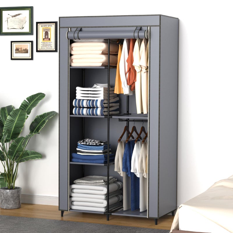 HODYANN Portable Closet, Wardrobe Closet with 6 Storage Shelves and 2 Hanging Rods, Non-Woven Fabric Cover, 34.6 x 17.7 x 66.1 Inches Closet Organizer for Bedroom, Gray - Image 2