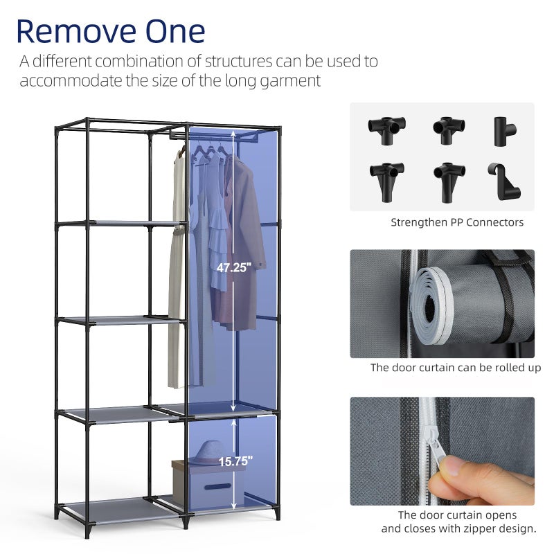 HODYANN Portable Closet, Wardrobe Closet with 6 Storage Shelves and 2 Hanging Rods, Non-Woven Fabric Cover, 34.6 x 17.7 x 66.1 Inches Closet Organizer for Bedroom, Gray - Image 4