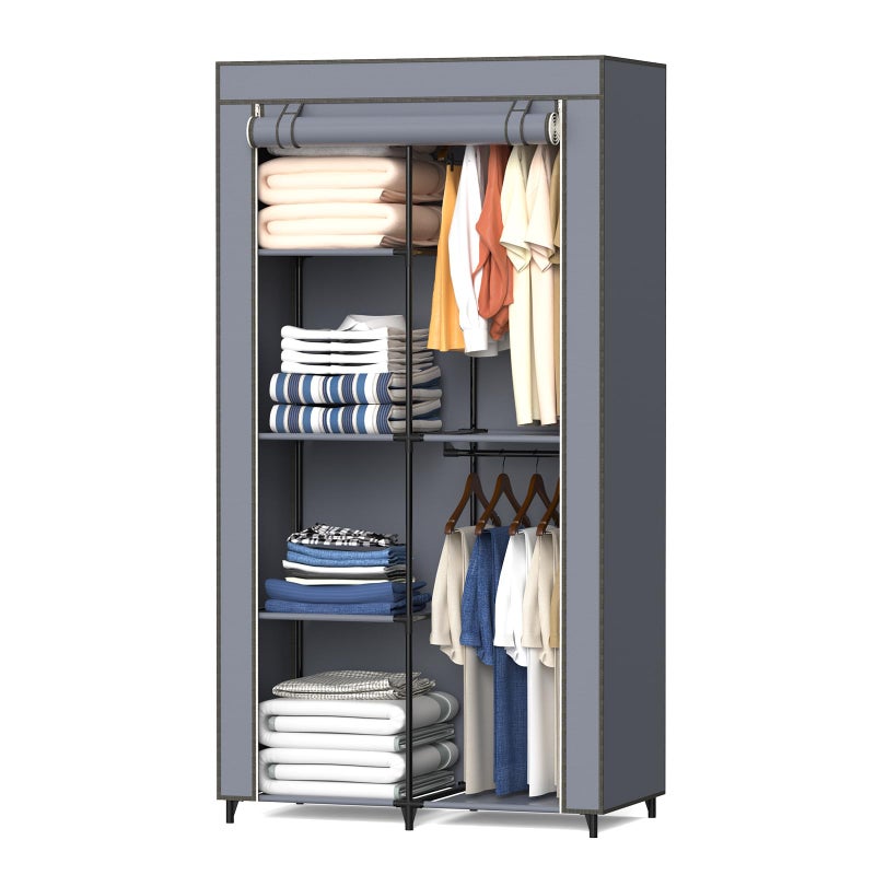 HODYANN Portable Closet, Wardrobe Closet with 6 Storage Shelves and 2 Hanging Rods, Non-Woven Fabric Cover, 34.6 x 17.7 x 66.1 Inches Closet Organizer for Bedroom, Gray - Image 1