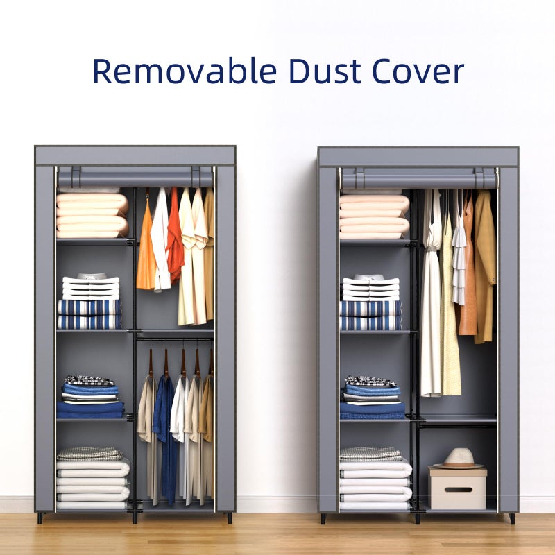 HODYANN Portable Closet, Wardrobe Closet with 6 Storage Shelves and 2 Hanging Rods, Non-Woven Fabric Cover, 34.6 x 17.7 x 66.1 Inches Closet Organizer for Bedroom, Gray - Image 5