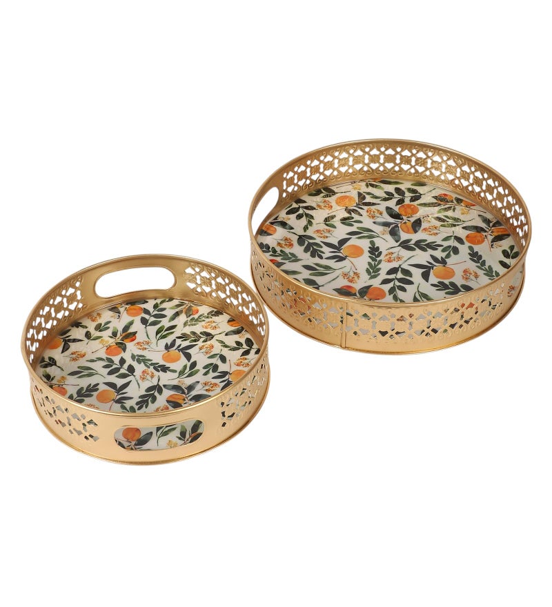 Two Moustaches Leaves & Fruits Pattern Design Serving Trays Set (8 Inches & 10 Inches), Serving Plates for Home, Platters for Tea/Coffee/Snacks, Decorative Pichwai Tray, Multicolored, Pack of 2 - Image 2