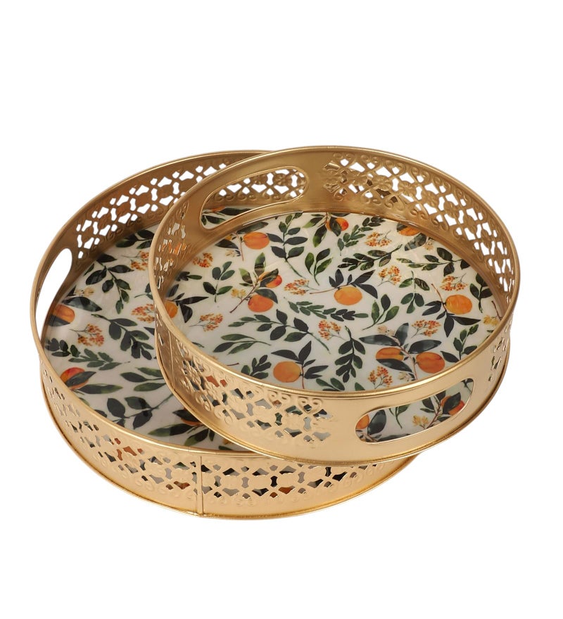 Two Moustaches Leaves & Fruits Pattern Design Serving Trays Set (8 Inches & 10 Inches), Serving Plates for Home, Platters for Tea/Coffee/Snacks, Decorative Pichwai Tray, Multicolored, Pack of 2 - Image 4