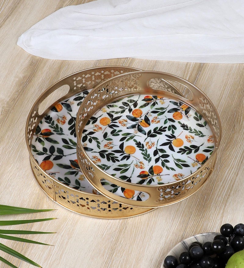 Two Moustaches Leaves & Fruits Pattern Design Serving Trays Set (8 Inches & 10 Inches), Serving Plates for Home, Platters for Tea/Coffee/Snacks, Decorative Pichwai Tray, Multicolored, Pack of 2 - Image 1