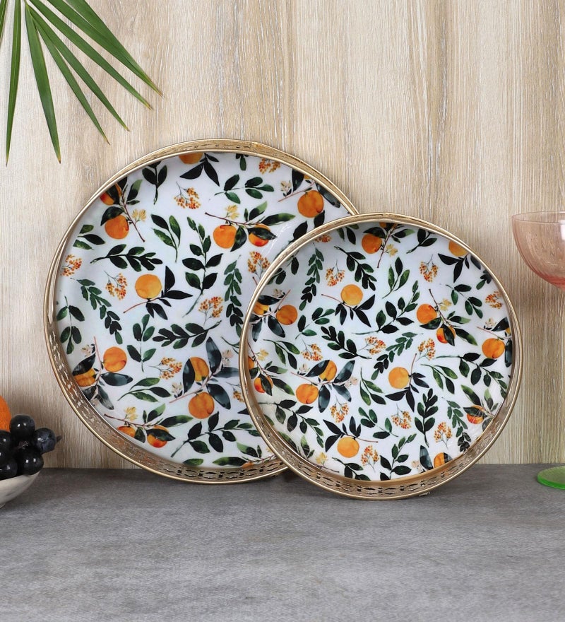Two Moustaches Leaves & Fruits Pattern Design Serving Trays Set (8 Inches & 10 Inches), Serving Plates for Home, Platters for Tea/Coffee/Snacks, Decorative Pichwai Tray, Multicolored, Pack of 2 - Image 3