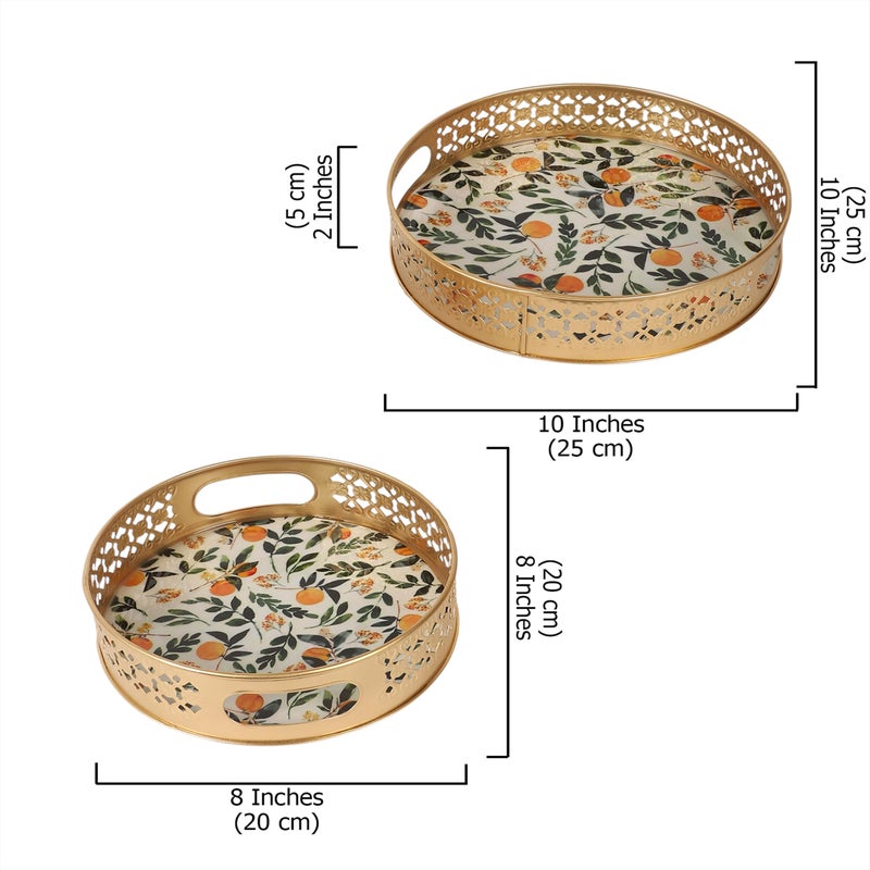 Two Moustaches Leaves & Fruits Pattern Design Serving Trays Set (8 Inches & 10 Inches), Serving Plates for Home, Platters for Tea/Coffee/Snacks, Decorative Pichwai Tray, Multicolored, Pack of 2 - Image 5