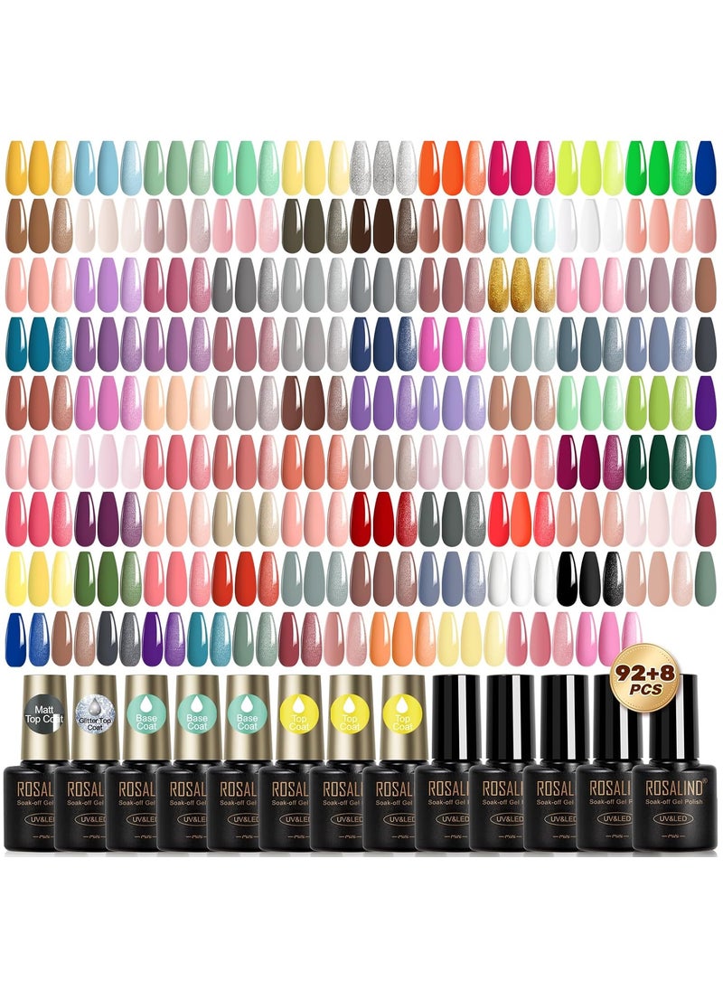Rosalind ROSALIND 100PCS Gel Nail Polish Set, 92 PCS Colors Gel Polish Set with 8 Bottles of Base and Glossy Matte Top Coat Starter Nail Set Suitable for All Seasons Gift for Women 