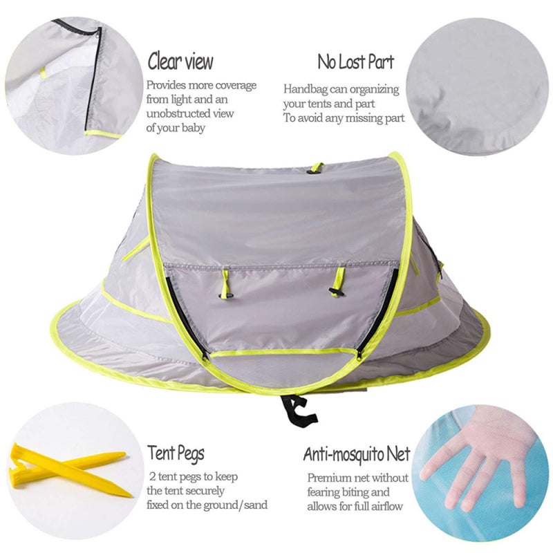 Baby Beach Tent: Grey 190T Silver-Coated UPF 50+ Fabric - Pop Up No Assembly Required Portable Sun Shelter With Breathable Mosquito Net Multiple Zipper Openings for Infant Beach Use - Image 3