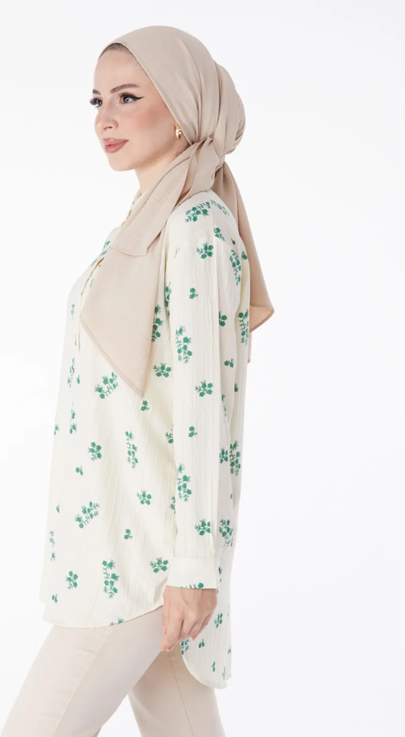 Tofisa Plain Shirt Collar Women's Green Floral Patterned Shirt - 25212