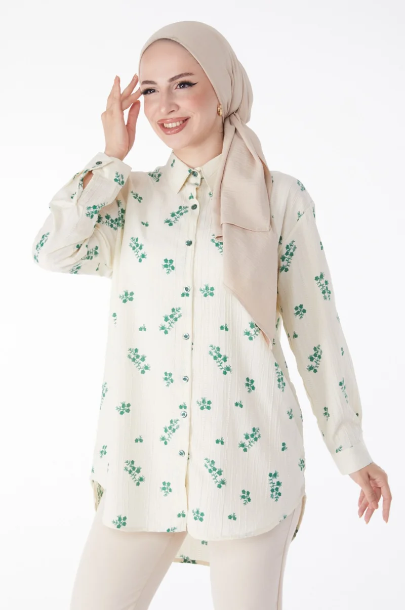 Tofisa Plain Shirt Collar Women's Green Floral Patterned Shirt - 25212