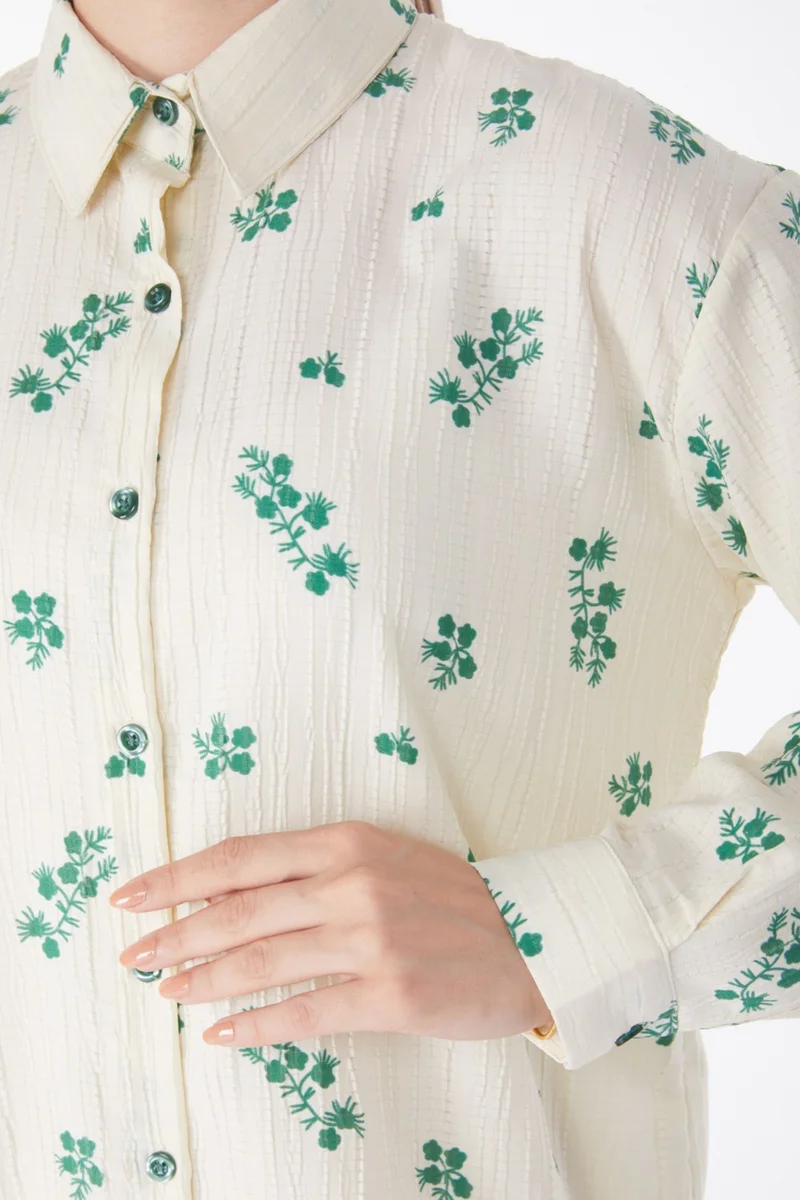 Tofisa Plain Shirt Collar Women's Green Floral Patterned Shirt - 25212