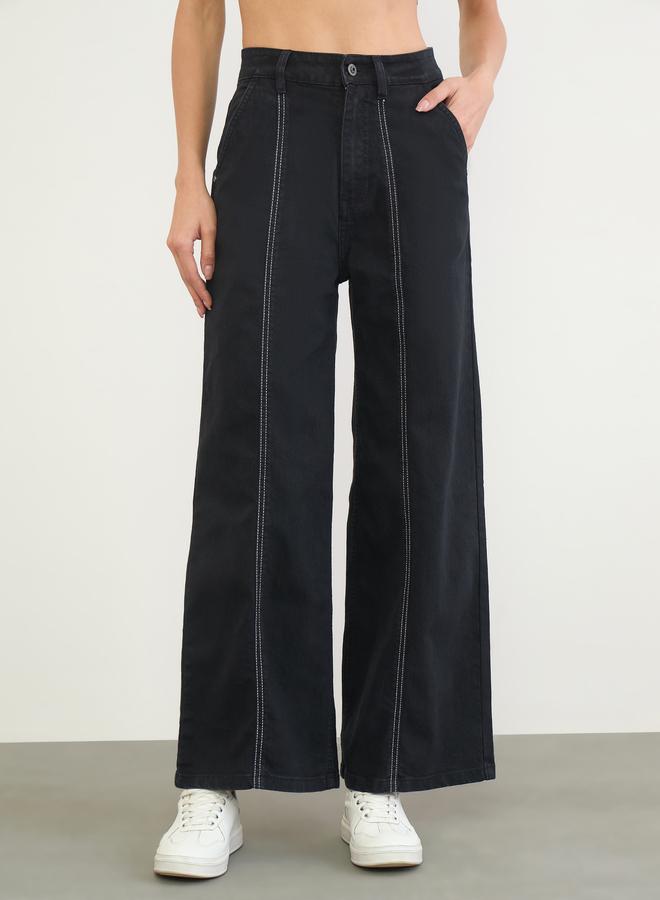 Styli High Rise Cut and Sew Panelled Wide Leg Jeans - Image 2