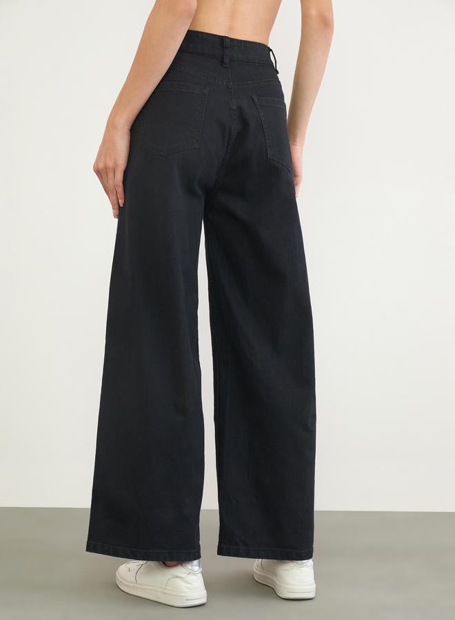 Styli High Rise Cut and Sew Panelled Wide Leg Jeans - Image 4