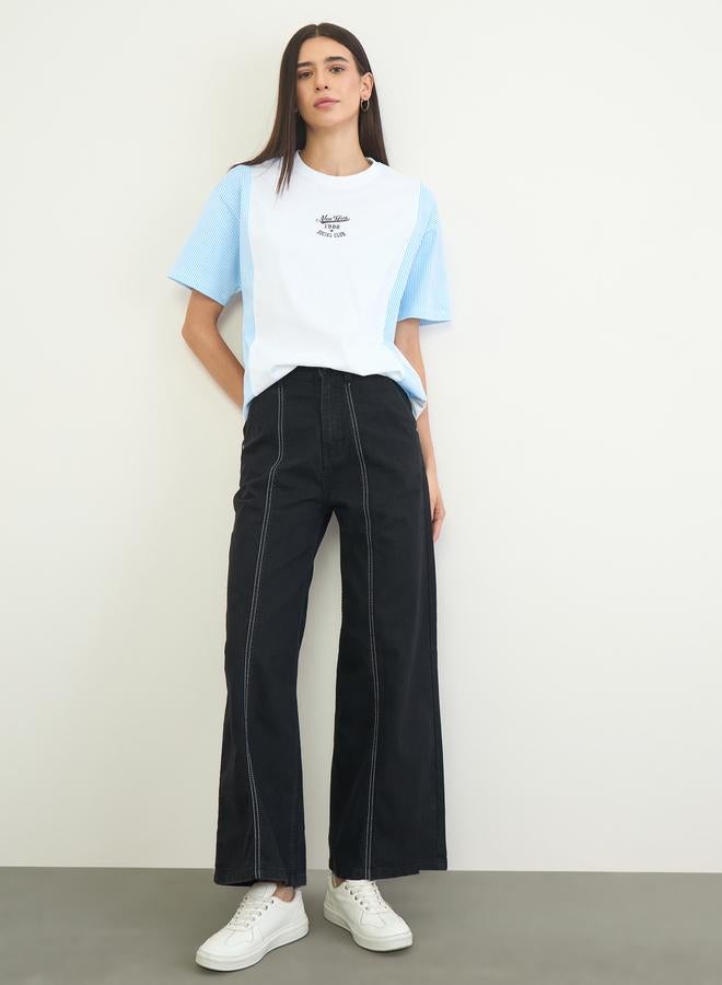 Styli High Rise Cut and Sew Panelled Wide Leg Jeans - Image 1