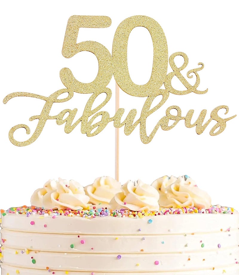 Festiko®50 Fabulous Cake Topper, Premium Gold Glitter Cardboard Cake Decoration for 50th Happy Birthday Party - Fifty and Fabulous Cake Topper for Birthday/Wedding/Anniversary - Image 5