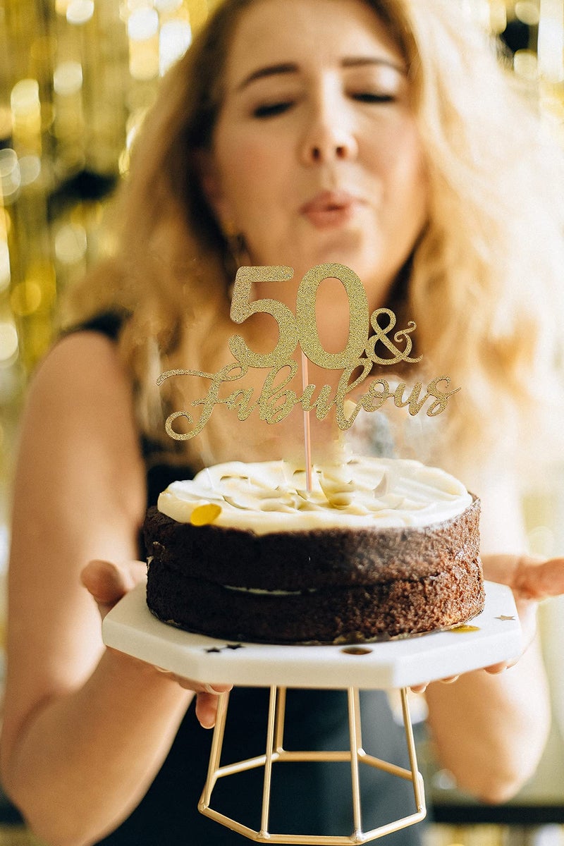 Festiko®50 Fabulous Cake Topper, Premium Gold Glitter Cardboard Cake Decoration for 50th Happy Birthday Party - Fifty and Fabulous Cake Topper for Birthday/Wedding/Anniversary - Image 3
