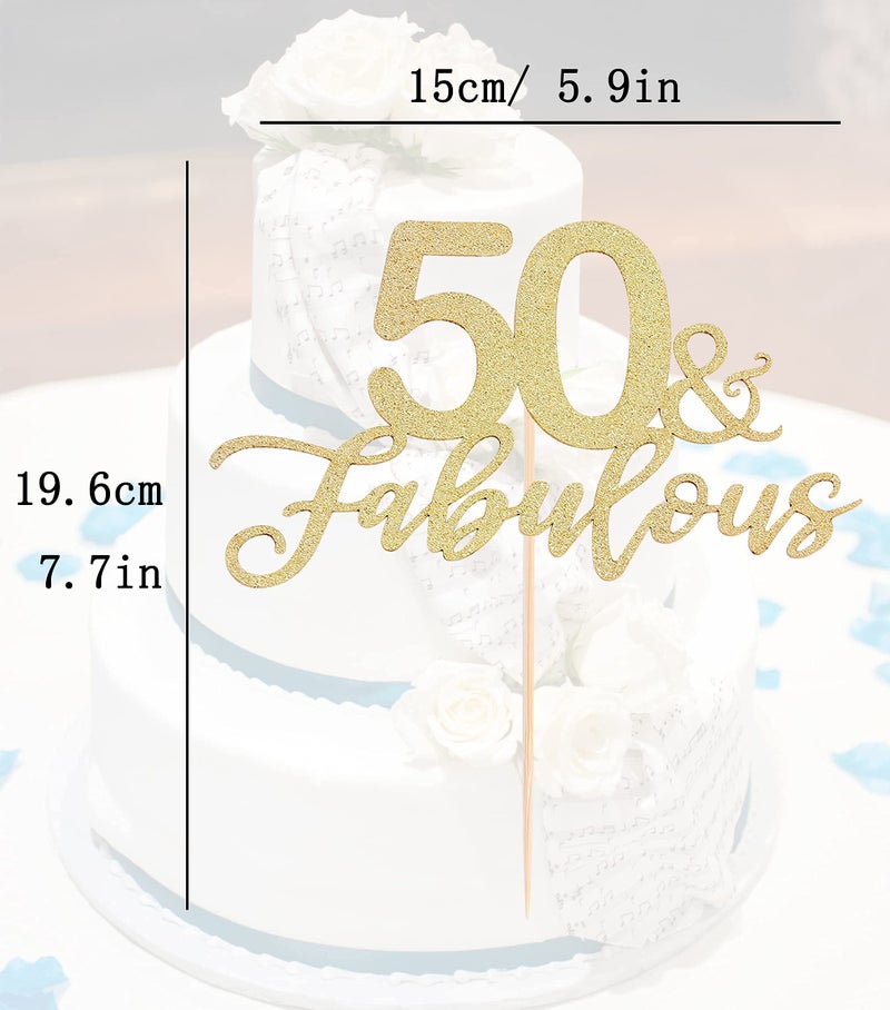 Festiko®50 Fabulous Cake Topper, Premium Gold Glitter Cardboard Cake Decoration for 50th Happy Birthday Party - Fifty and Fabulous Cake Topper for Birthday/Wedding/Anniversary - Image 2