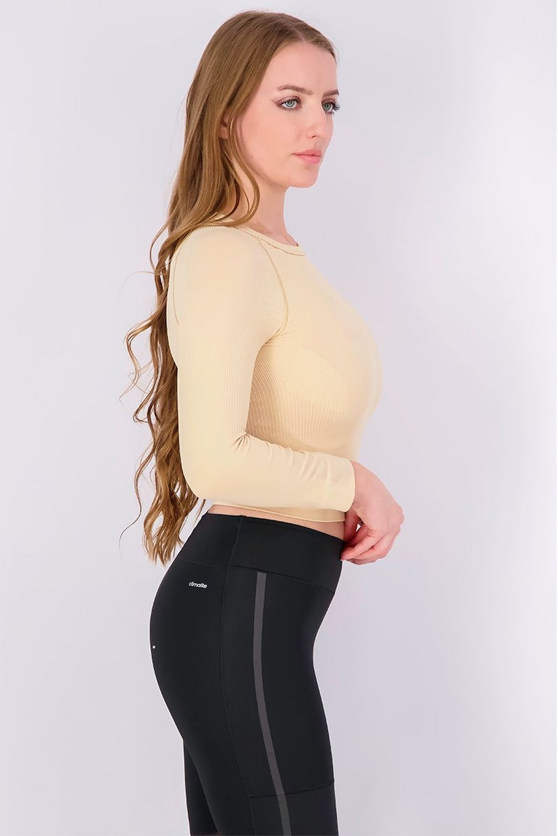 Adidas بلوزة رياضية نسائية بأكمام طويلة بتصميم محكم، بيج - Image 3