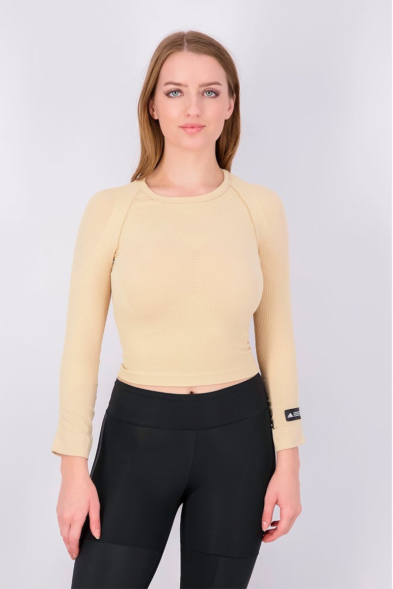 Adidas بلوزة رياضية نسائية بأكمام طويلة بتصميم محكم، بيج - Image 1