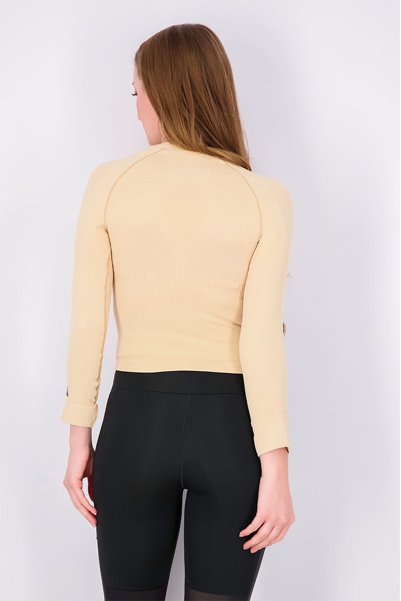 Adidas بلوزة رياضية نسائية بأكمام طويلة بتصميم محكم، بيج - Image 4