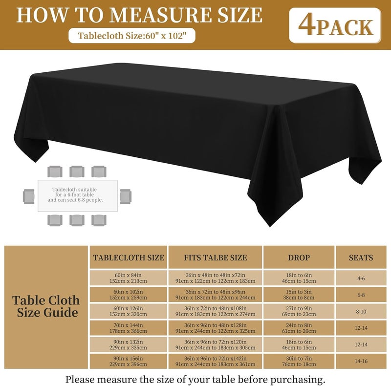 FXKS 4 Pack Rectangle Tablecloth 60 x 102 inch Black Polyester Table Cloth for 6 Feet Tables,Washable Fabric Stain and Wrinkle Resistant Table Cover Table Clothes for Wedding Parties Banquet Kitchen - Image 3