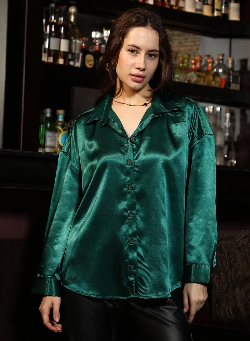 PINACOLADA Women's Emerald Green Solid Satin Oversized Shirt | Spread Collar , Long Cuffed Sleeves , Button Closure | Solid Plain Material | Satin Shirt For Casual Wear