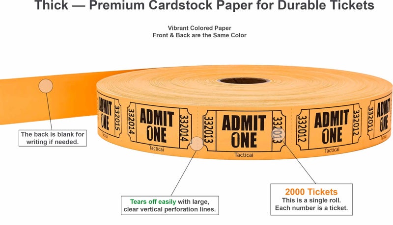 Tacticai 2000 Raffle Tickets, Admit One, Single Roll, Ticket for Events, Entry, Class Reward, Fundraiser & Prizes - Orange (1 of 8 Colors) - Image 2