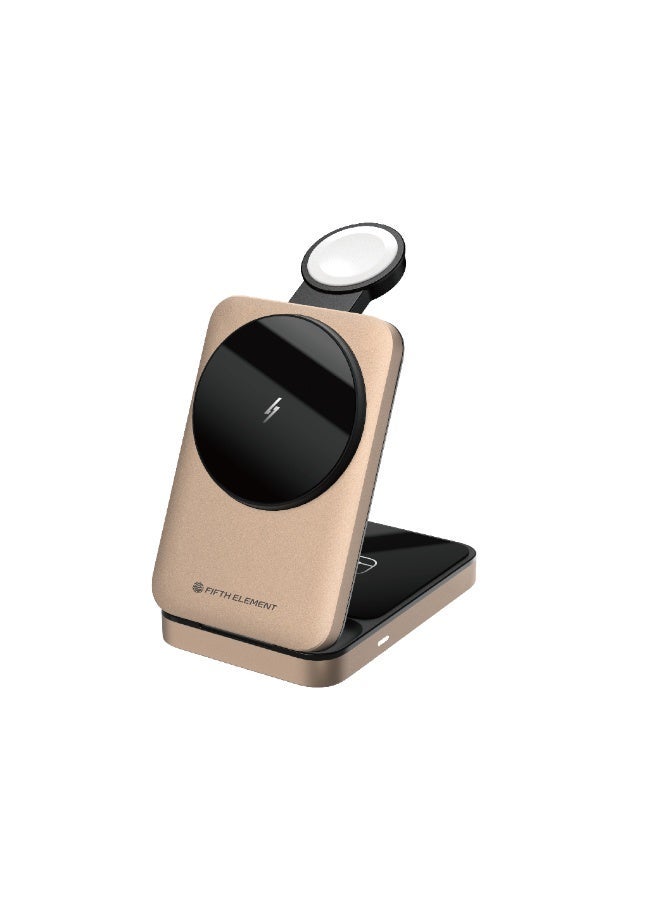 FIFTH ELEMENT ORBIT 3-in-1 15W MagSafe-Compatible Wireless Charging Station for iPhone 8 and above, Apple Watch & AirPods, Foldable Aluminum Dock – Gold - Image 1